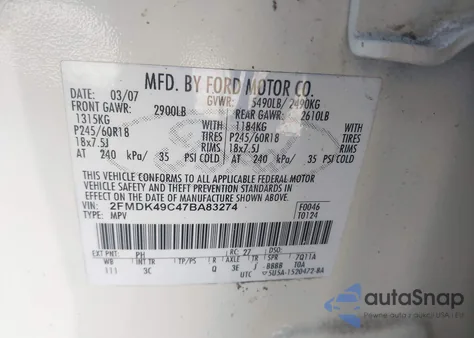 2007 Ford Edge Sel Plus z USA, uszkodzony, nr VIN 2FMDK49C47BA83274